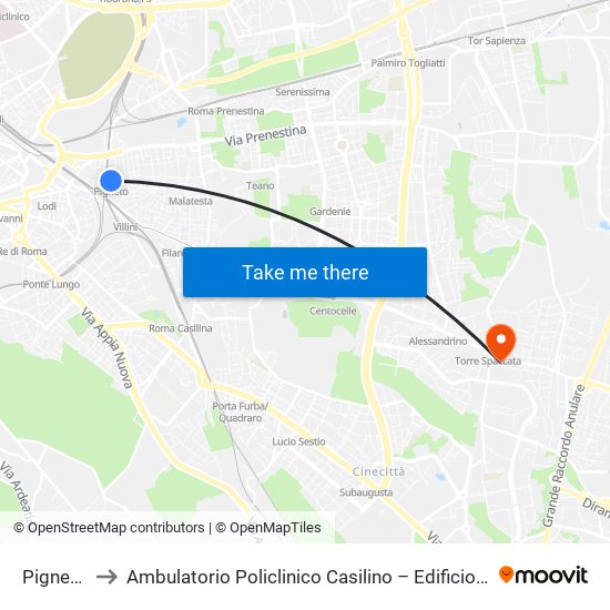 Pigneto to Ambulatorio Policlinico Casilino – Edificio D map