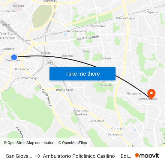 San Giovanni to Ambulatorio Policlinico Casilino – Edificio D map