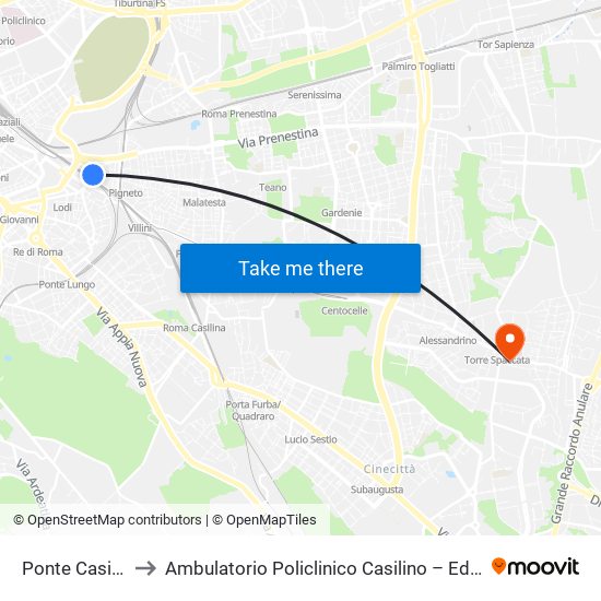 Ponte Casilino to Ambulatorio Policlinico Casilino – Edificio D map