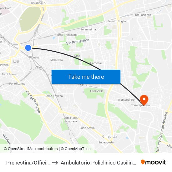 Prenestina/Officine Atac to Ambulatorio Policlinico Casilino – Edificio D map