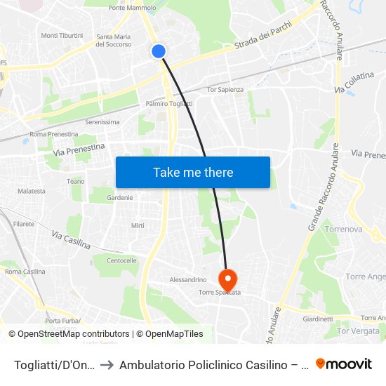 Togliatti/D'Onofrio to Ambulatorio Policlinico Casilino – Edificio D map