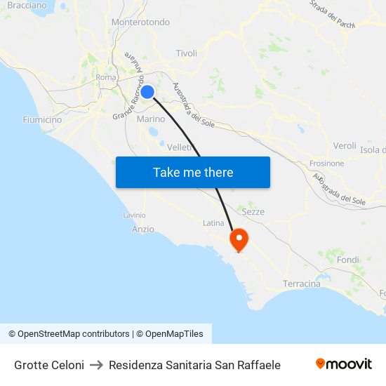 Grotte Celoni to Residenza Sanitaria San Raffaele map