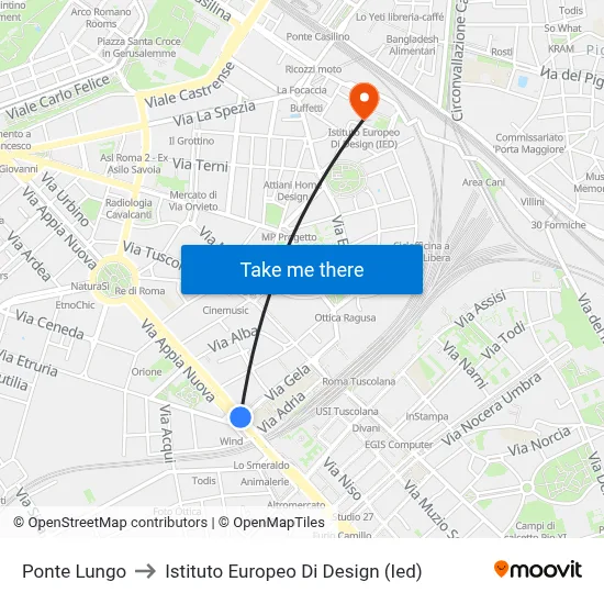 Ponte Lungo to European Institute of Design (Ied) map