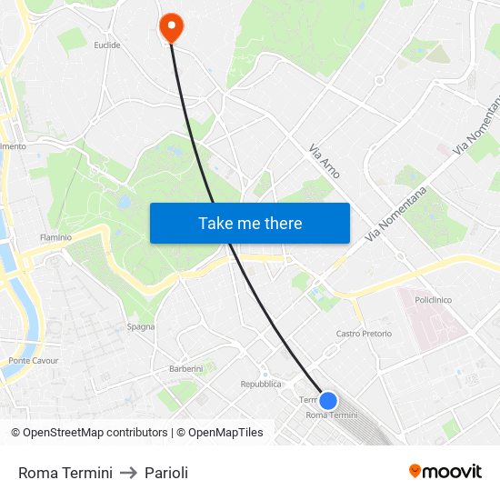 Roma Termini to Parioli map