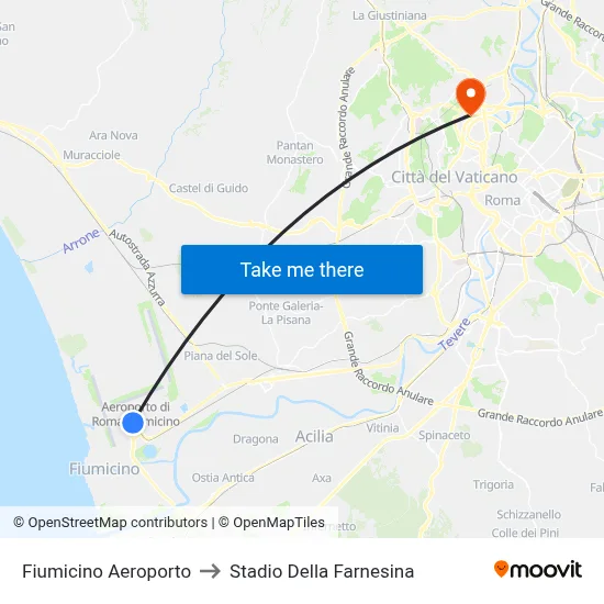 Fiumicino Airport to Farnesina Stadium map