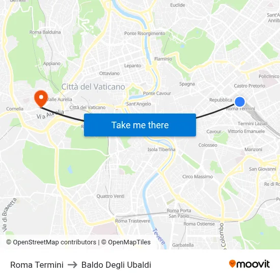 Roma Termini to Baldo Degli Ubaldi map