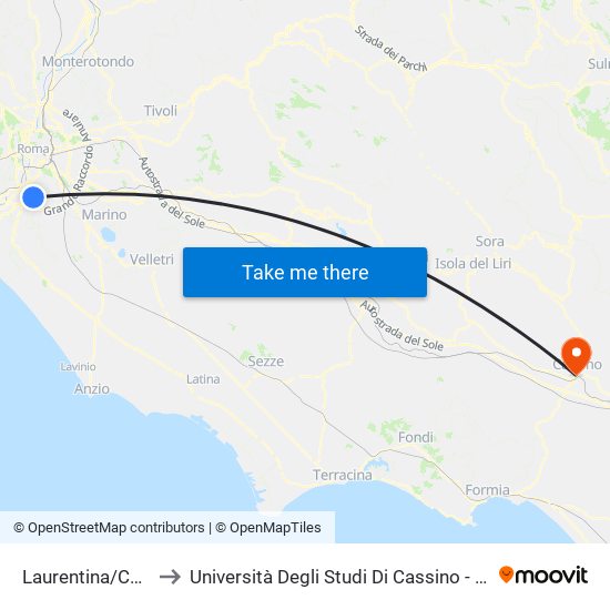 Laurentina/Cecchignola to Università Degli Studi Di Cassino - Facoltà Di Ingegneria map