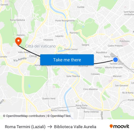 Roma Termini (Laziali) to Biblioteca Valle Aurelia map