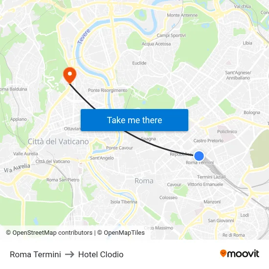 Roma Termini to Hotel Clodio map
