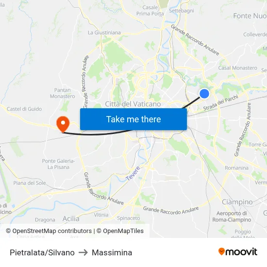 Pietralata/Silvano to Massimina map