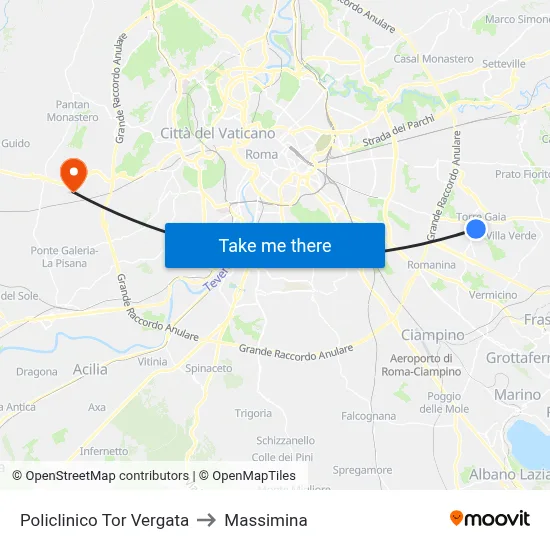 Tor Vergata Hospital to Massimina map
