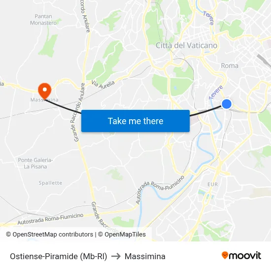Ostiense-Pyramid (Metro B-Rail Line) to Massimina map