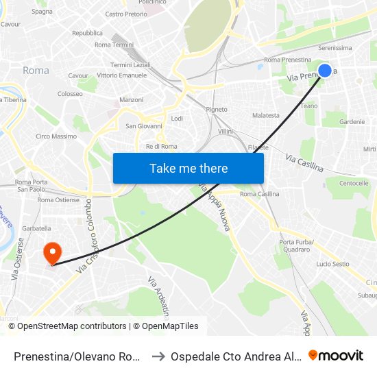 Prenestina/Olevano Romano to Ospedale Cto Andrea Alesini map