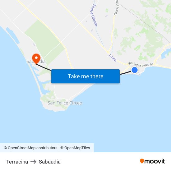 Terracina to Sabaudia map