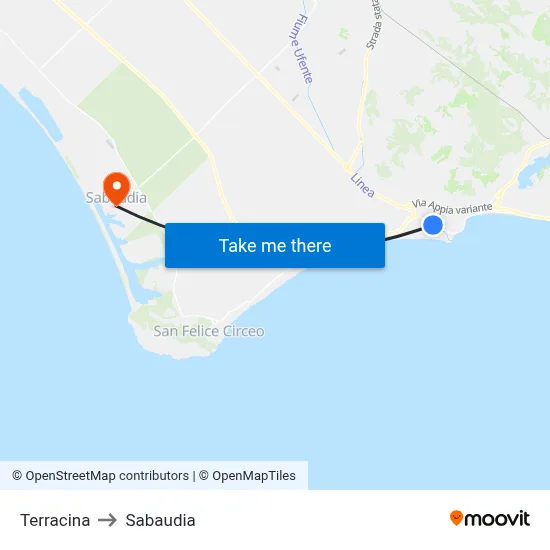 Terracina to Sabaudia map