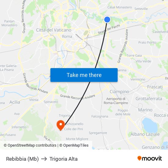 Rebibbia (Mb) to Trigoria Alta map