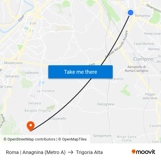 Rome | Anagnina (Metro A) to Trigoria Alta map