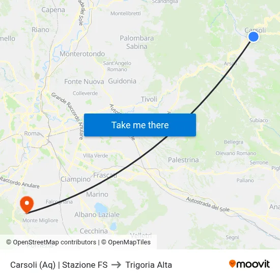 Carsoli | Railway Station to Trigoria Alta map