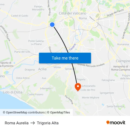 Roma Aurelia to Trigoria Alta map