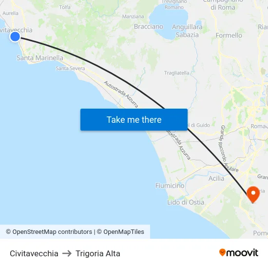 Civitavecchia to Trigoria Alta map