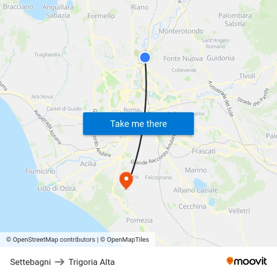Settebagni to Trigoria Alta map