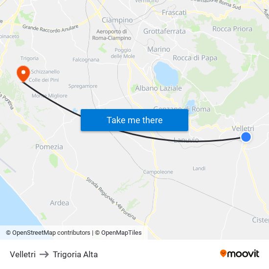 Velletri to Trigoria Alta map