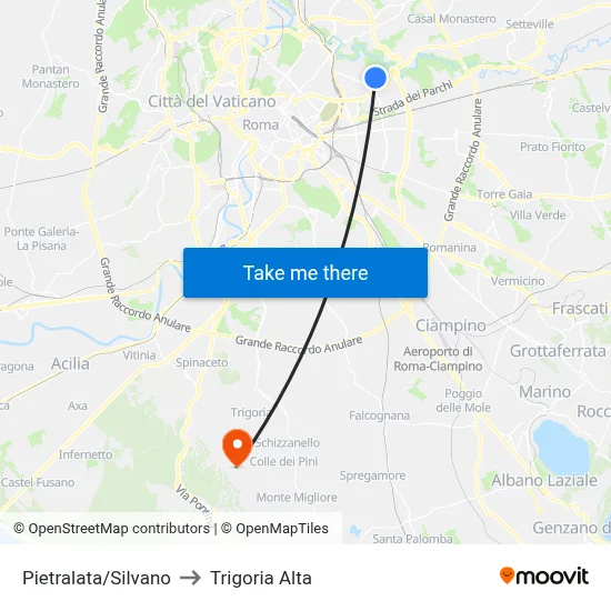 Pietralata/Silvano to Trigoria Alta map