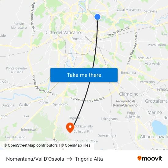 Nomentana/Val D'Ossola to Trigoria Alta map