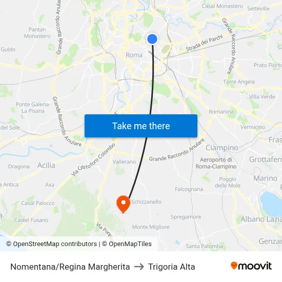 Nomentana/Regina Margherita to Trigoria Alta map