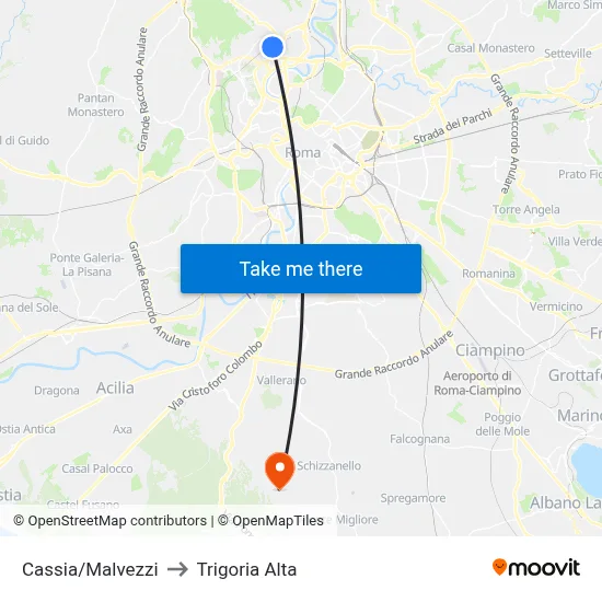 Cassia/Malvezzi to Trigoria Alta map
