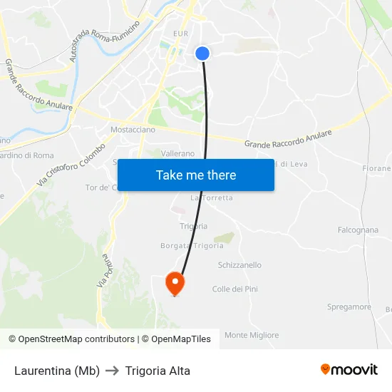Laurentina (Metro B) to Trigoria Alta map