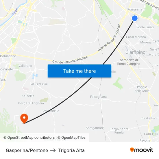 Gasperina/Pentone to Trigoria Alta map