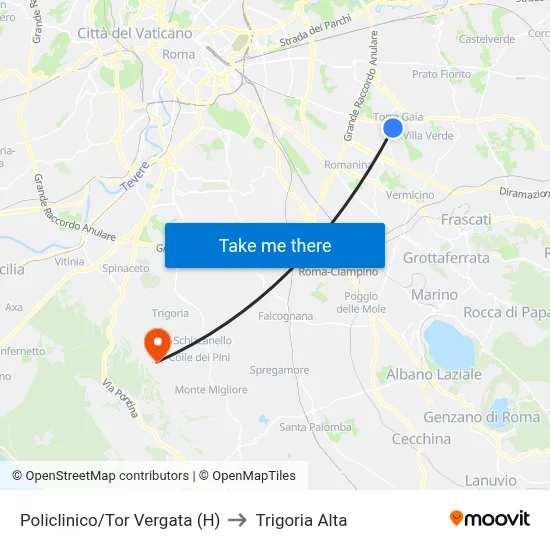 Policlinico/Tor Vergata Hospital to Trigoria Alta map