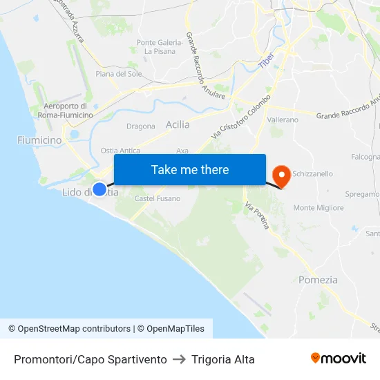 Promontori/Cape Spartivento to Trigoria Alta map