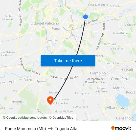 Ponte Mammolo (Metro B) to Trigoria Alta map