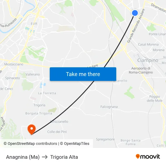 Anagnina Metro to Trigoria Alta map