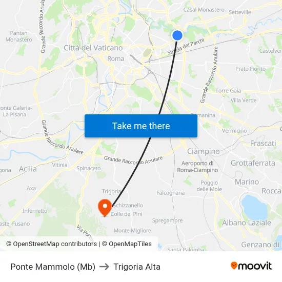 Ponte Mammolo (Metro B) to Trigoria Alta map