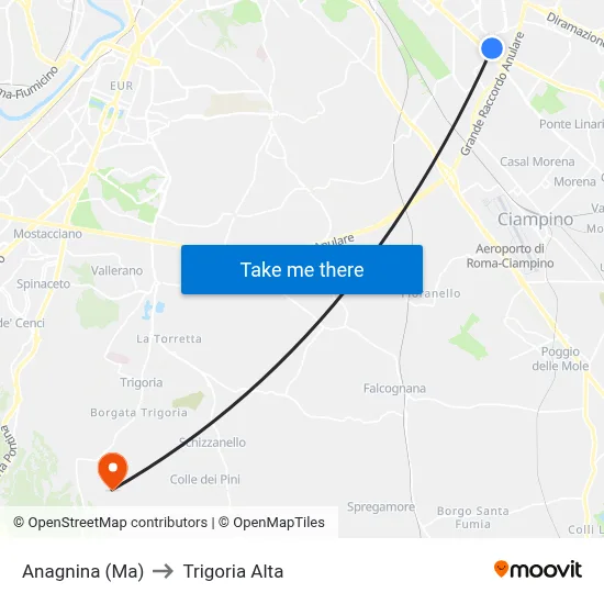 Anagnina Metro to Trigoria Alta map