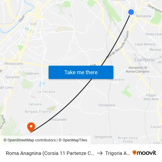 Roma Anagnina (Platform 11 Cotral Departures) to Trigoria Alta map