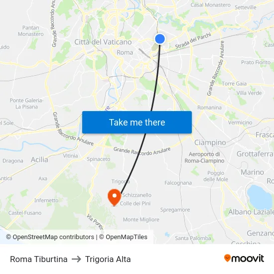 Roma Tiburtina to Trigoria Alta map