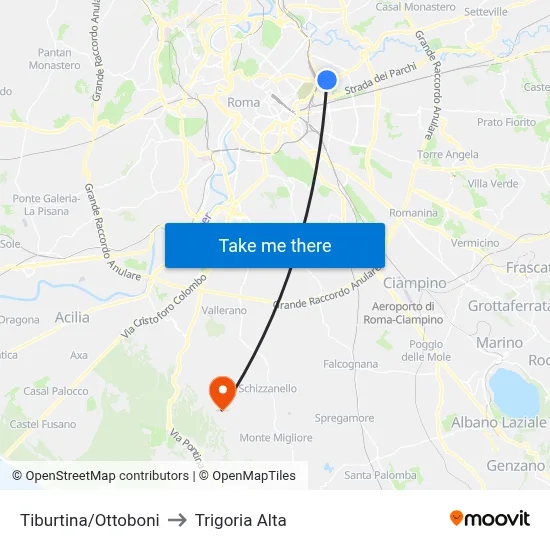 Tiburtina/Ottoboni to Trigoria Alta map