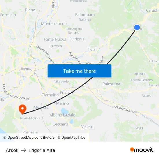 Arsoli to Trigoria Alta map