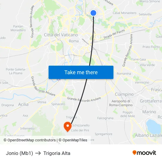 Jonio (Metro Line 1) to Trigoria Alta map