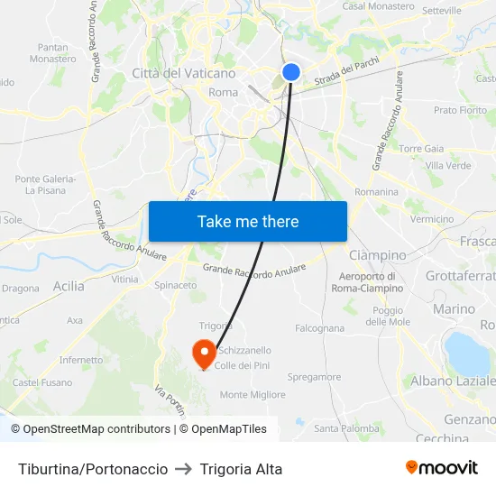 Tiburtina/Portonaccio to Trigoria Alta map