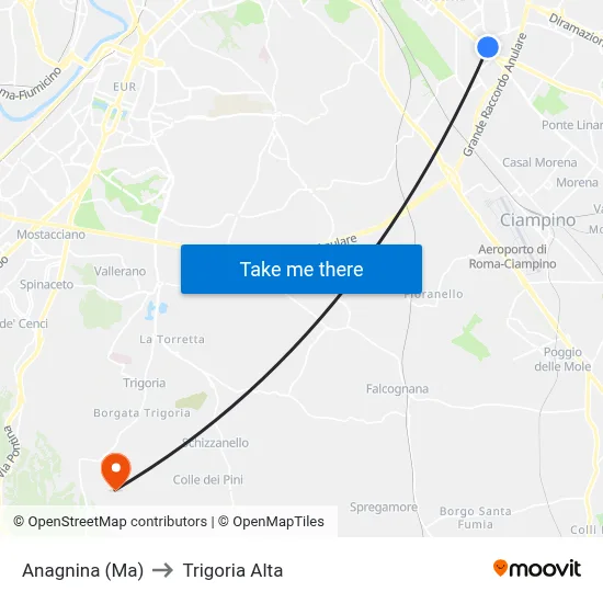 Anagnina Metro to Trigoria Alta map