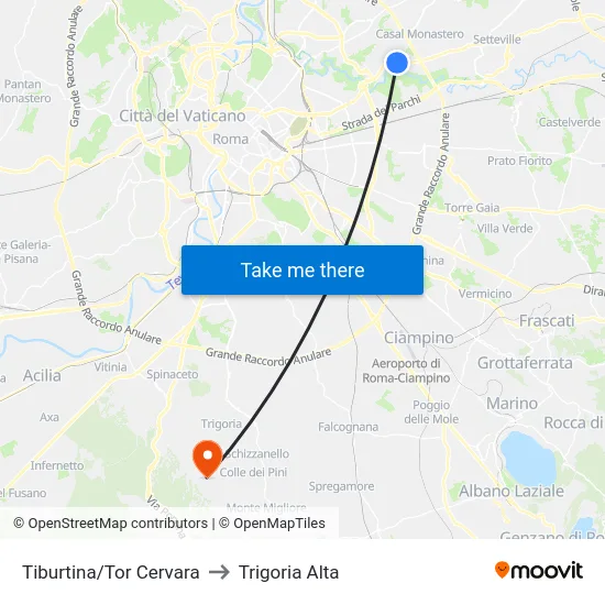 Tiburtina/Tor Cervara to Trigoria Alta map