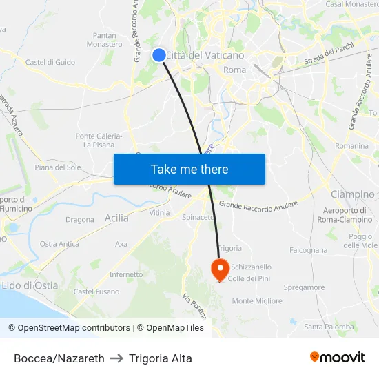 Boccea/Nazareth to Trigoria Alta map