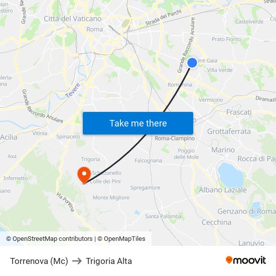 Torrenova (Mc) to Trigoria Alta map