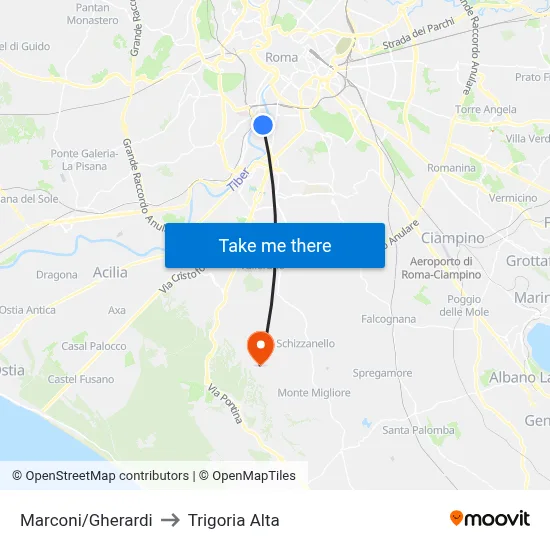 Marconi/Gherardi to Trigoria Alta map