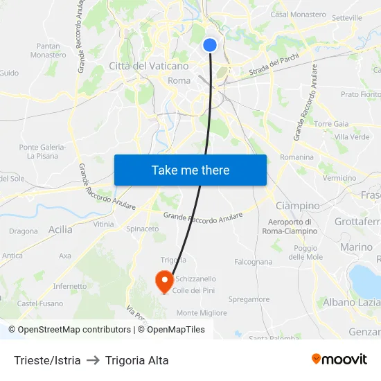 Trieste/Istria to Trigoria Alta map